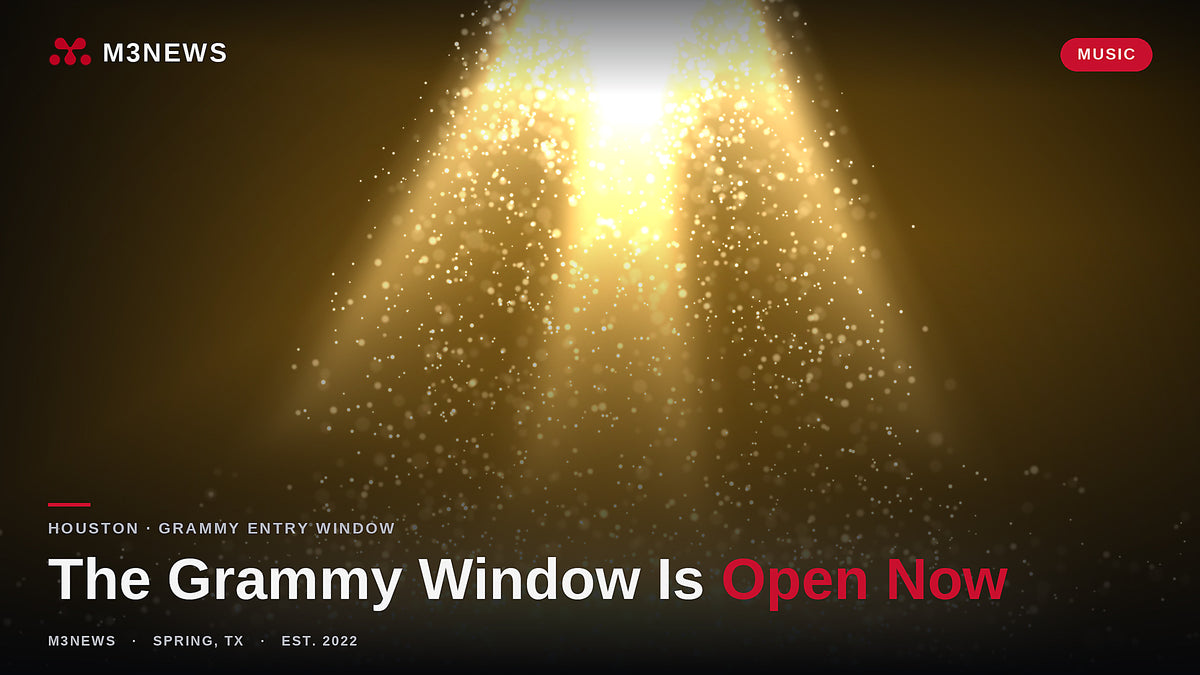 Golden stage spotlight and glitter, the GRAMMY Awards 2027 entry window for Houston artists