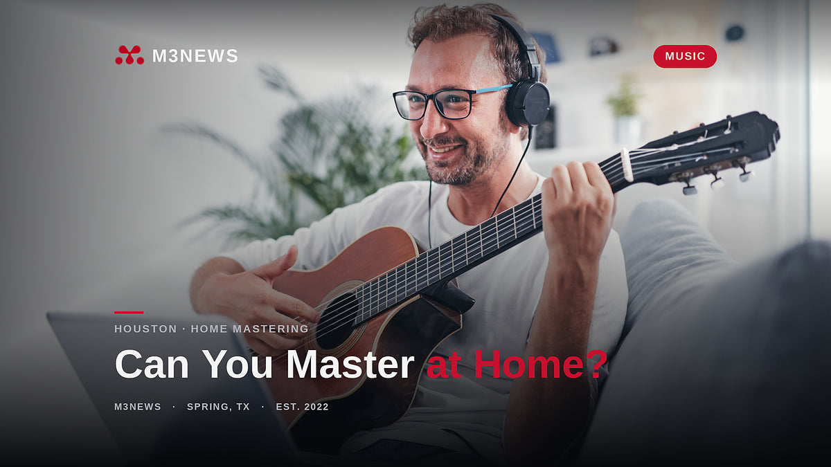Home artist with headphones and acoustic guitar, on mastering a song at home in Houston 2026