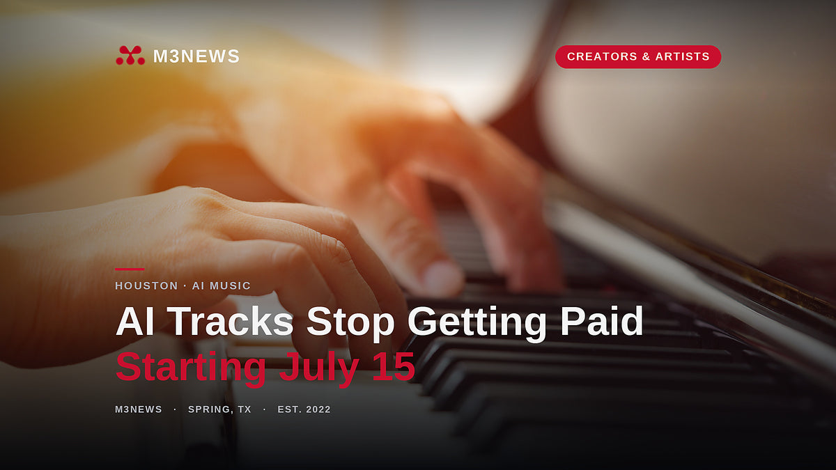 Hands playing piano keys in warm light, AI music royalties end July 15 2026, human-performed music keeps collecting, Houston artist guide