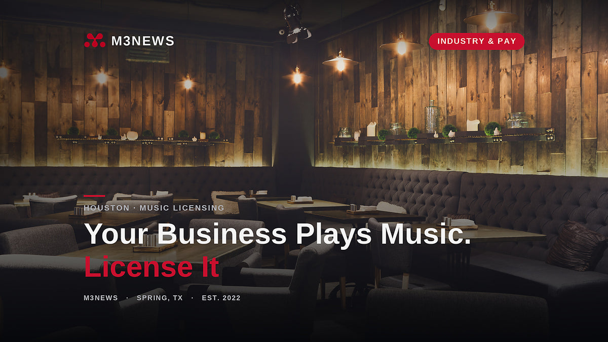 Warm wood-paneled Houston restaurant and bar interior with pendant lights, the setting for music licensing for businesses in 2026