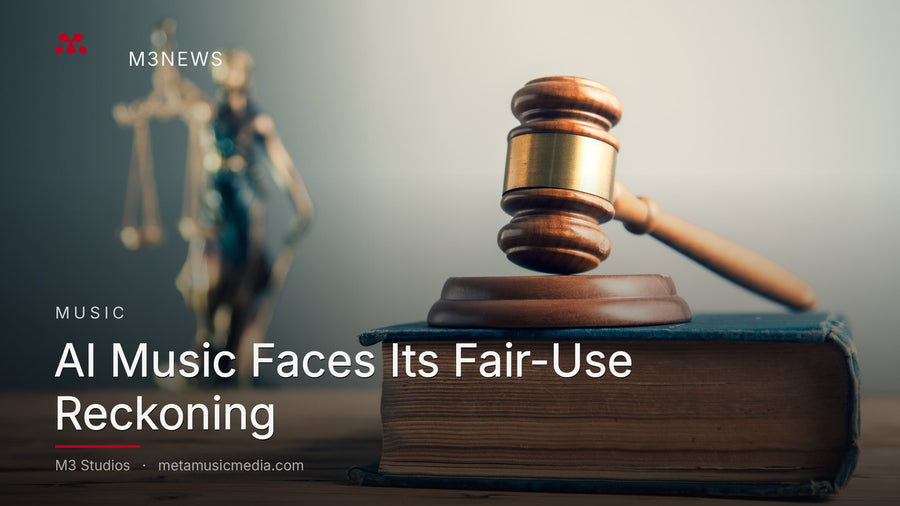 Gavel and law book. AI music fair-use ruling. M3 Studios M3News.