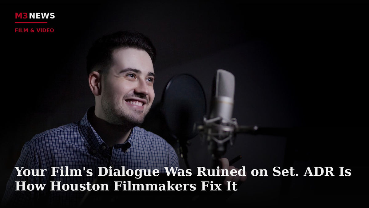 Male actor wearing headphones and smiling during an ADR dialogue replacement recording session in a studio