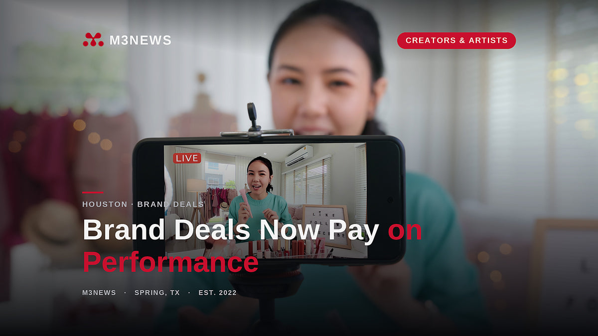 Creator filming a live product video on a phone, the performance-based brand deal shift Houston creators face in 2026