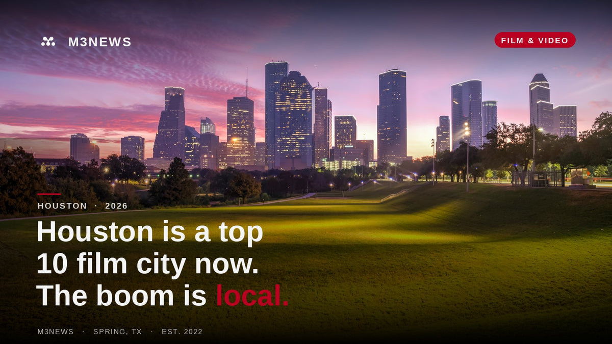 The Houston, Texas downtown skyline at dawn, for an M3 Studios feature on Houston ranking a top 10 filmmaking city in 2026 and the local creative-economy boom.