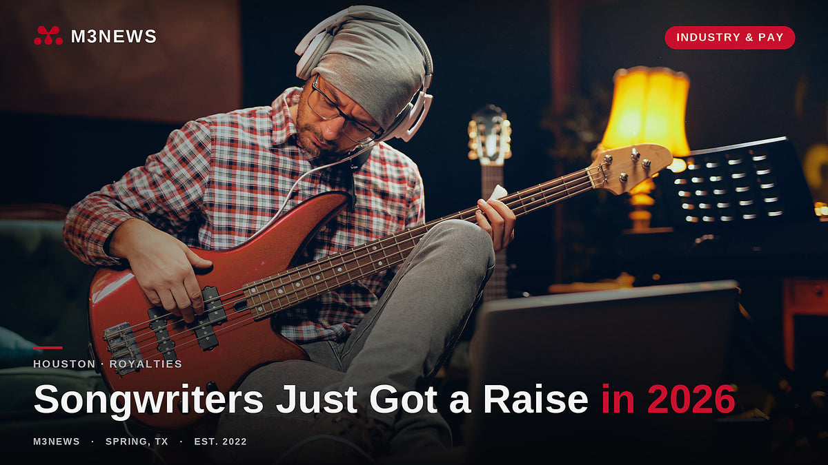 M3News cover, M3 Studios logo, musician playing bass in a home studio. The 2026 songwriter royalty rate increase