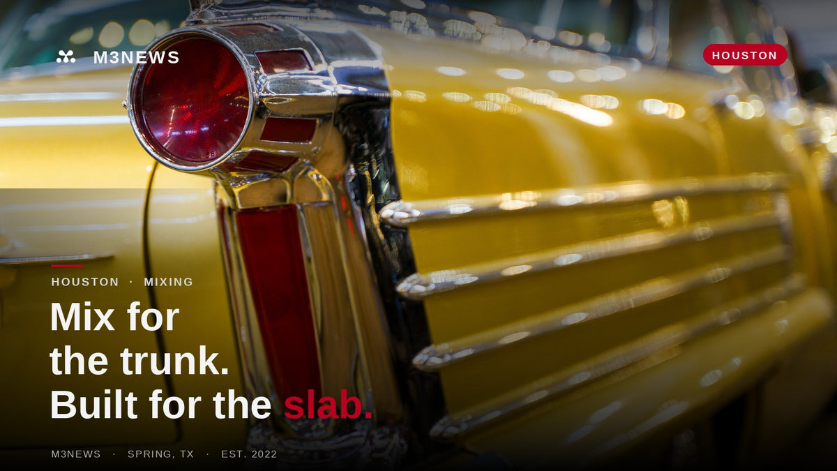 Chrome tail fin of a classic gold American car, evoking Houston slab car culture, for an M3 Studios mixing feature.
