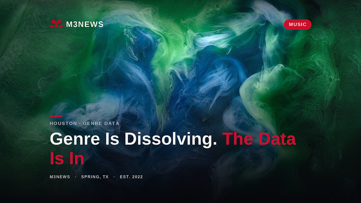 Blue and green ink blending on a dark background, hybrid genre data 2026, M3News