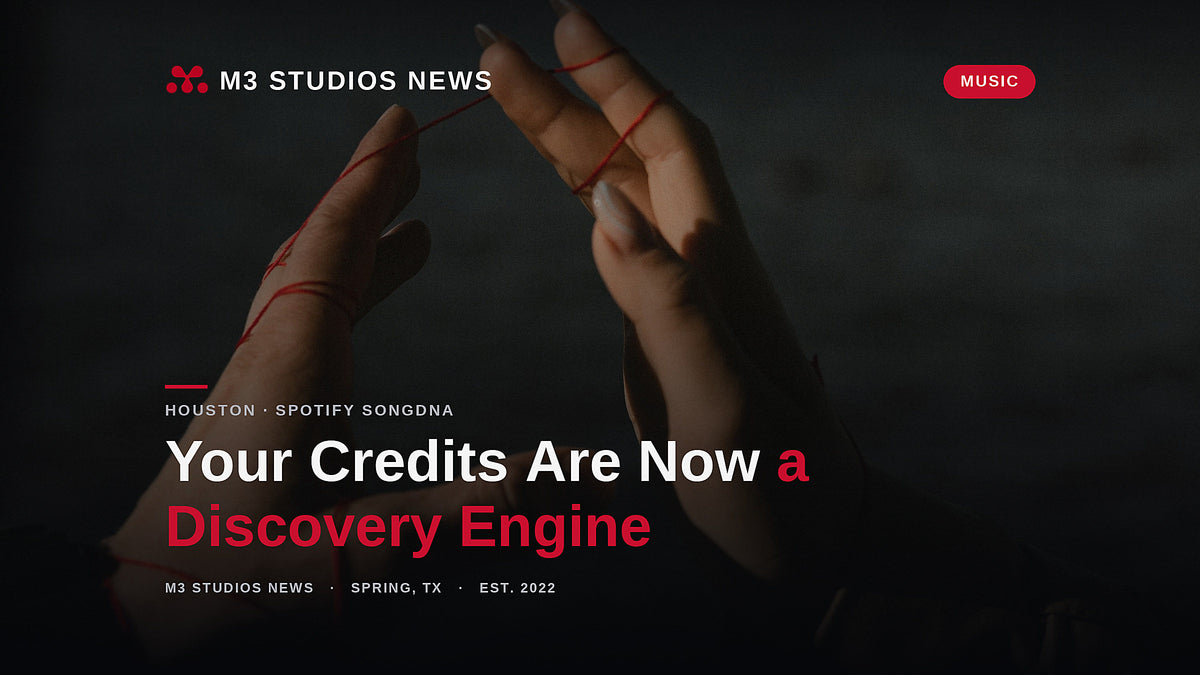 Two hands joined by a red thread against dark water, illustrating how Spotify's SongDNA maps the creative connections in song credits that lead listeners to Houston artists and producers.