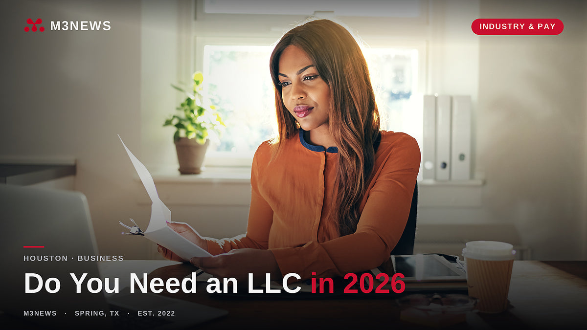 A creative entrepreneur reviewing documents at a home office desk, illustrating when a Houston musician or creator should form an LLC in 2026.