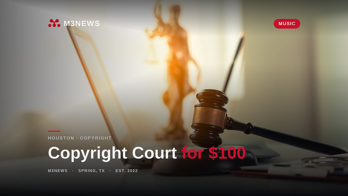 Wooden gavel beside a laptop, the online copyright small claims tribunal Houston musicians can file in for 100 dollars