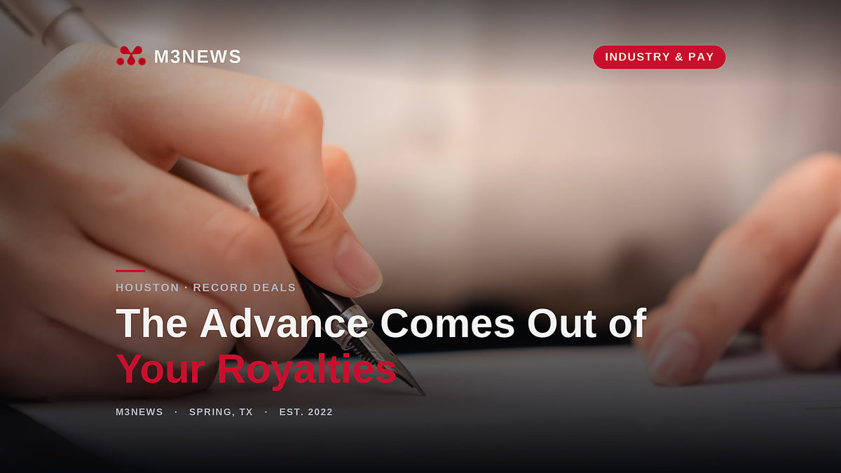 Hand signing a recording contract with a fountain pen, the recoupment clause deciding when Houston artists see royalties