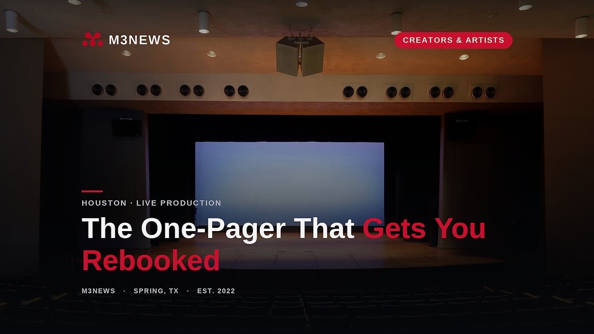 Empty auditorium stage under lights, stage plots and tech riders for live performers, M3News