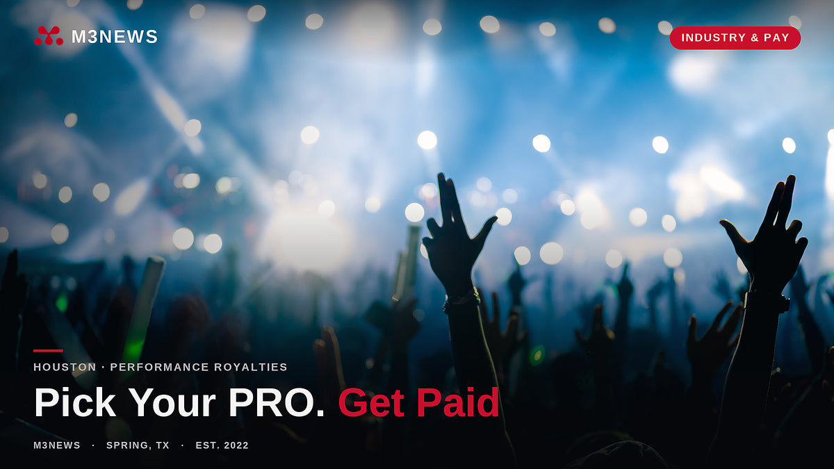 Concert crowd under stage lights, performance royalties for Houston songwriters, BMI vs ASCAP