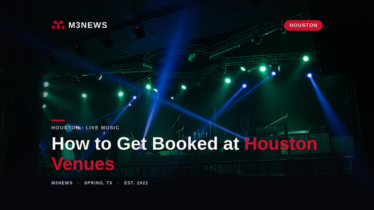 Stage lights inside a Houston live music venue before doors, where independent artists get booked in 2026
