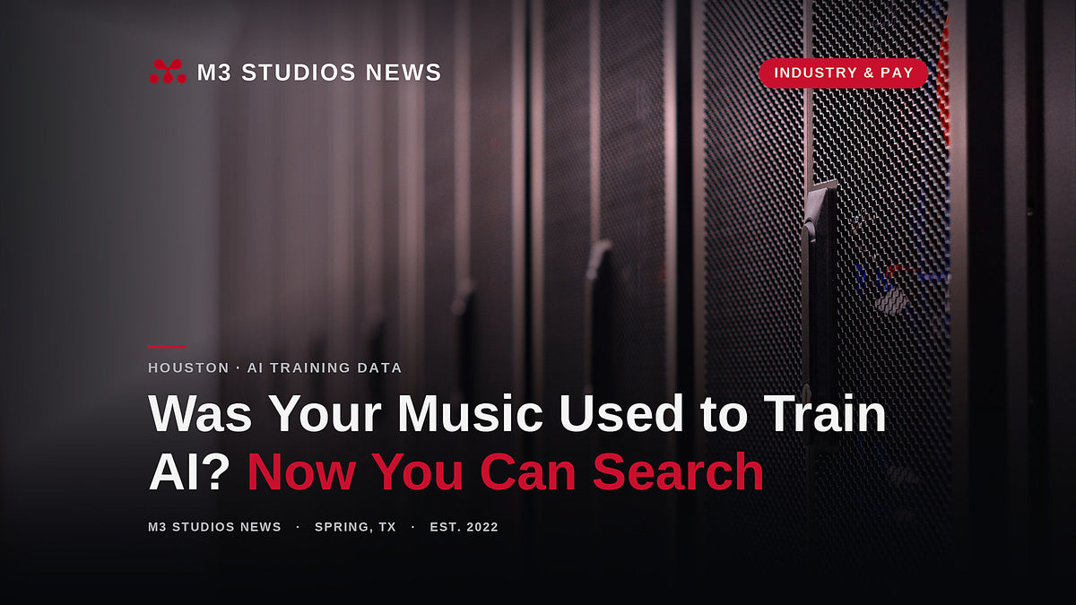 Rows of dark server cabinets receding into a data center corridor, illustrating the AI music training datasets Houston artists can now search by name, title or ISRC.
