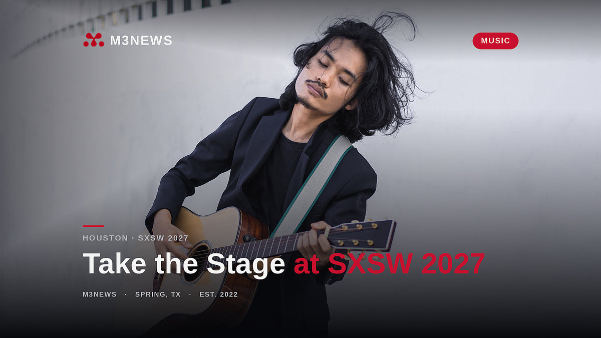 A musician playing acoustic guitar outdoors, illustrating a SXSW 2027 music showcase application.