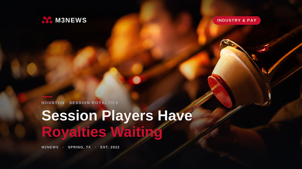 Trombone section of session musicians playing under warm stage light, M3News cover for session musician royalties 2026