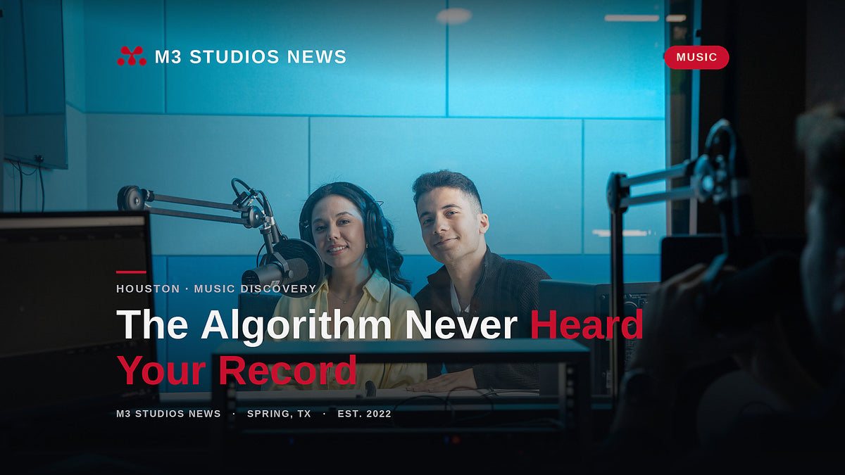 Two radio hosts on air behind a microphone in a blue-lit broadcast studio, illustrating SoundCloud's human-curated discovery show The Upload for Houston artists.