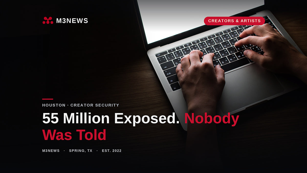 Hands typing on a laptop in a dark room, Suno data breach 55 million accounts, M3News