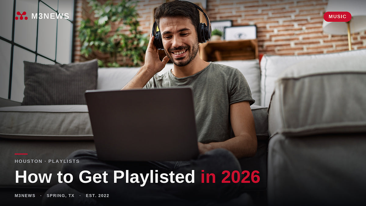 A young artist with headphones working on a laptop, illustrating how Houston independent artists get on Spotify and Apple Music playlists in 2026.