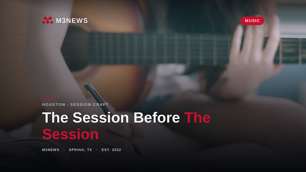 Songwriter with acoustic guitar writing in a notebook, pre-production for recording sessions, M3News