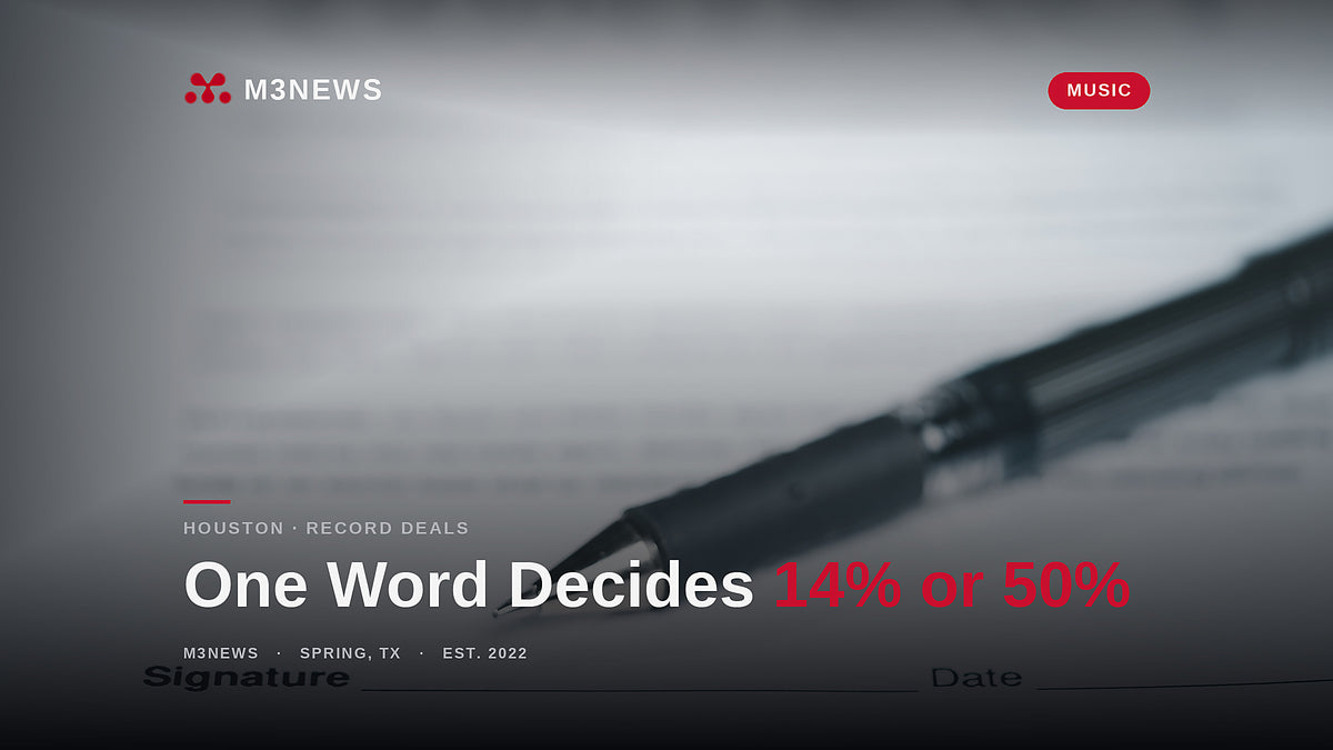 Pen resting on a contract signature line, M3News cover for record deal streaming royalties and the license vs sale clause