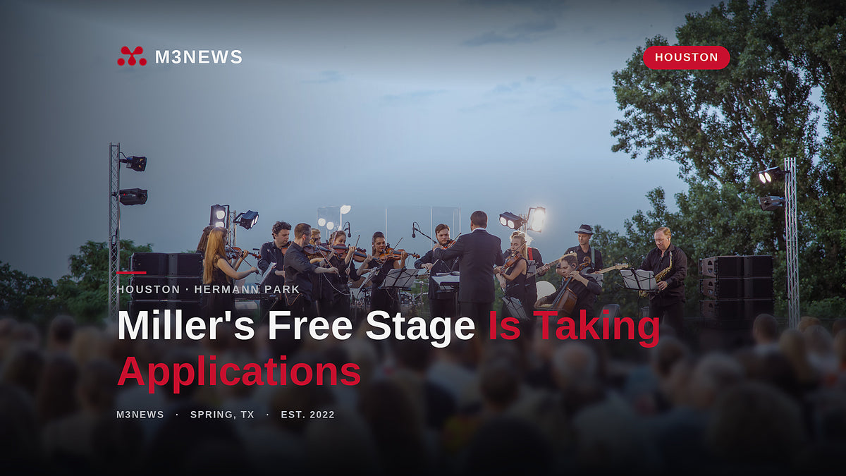 Outdoor orchestra performing for a lawn audience at dusk, M3News cover for Miller Outdoor Theatre 2027 applications in Houston