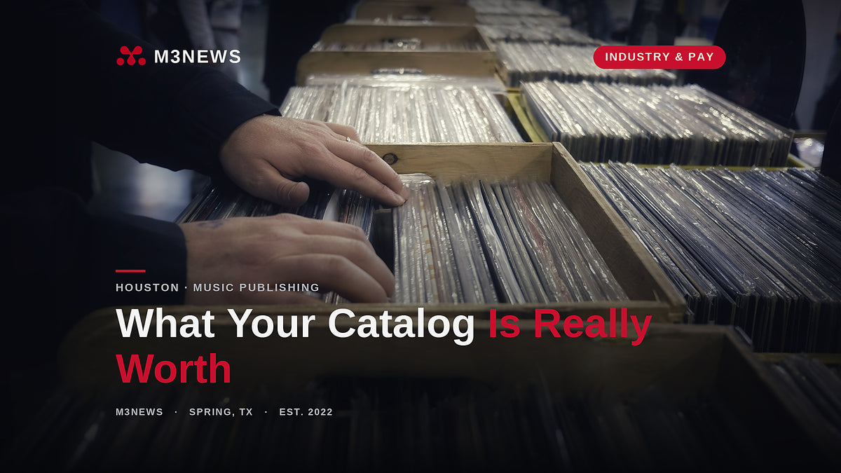 Hands digging through a crate of vinyl records, illustrating a music catalog as an asset.