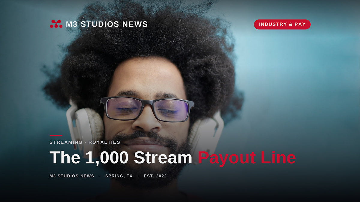 A listener with closed eyes wears headphones against a blue wall, illustrating Spotify's 1,000-stream eligibility line for recording royalties, reported by M3 Studios News in Spring, TX.
