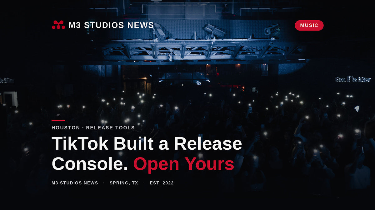 A dark concert crowd holding up glowing phones, the TikTok attention a certified artist account converts into pre-saves and day-one streams, from M3 Studios News in Spring, TX.