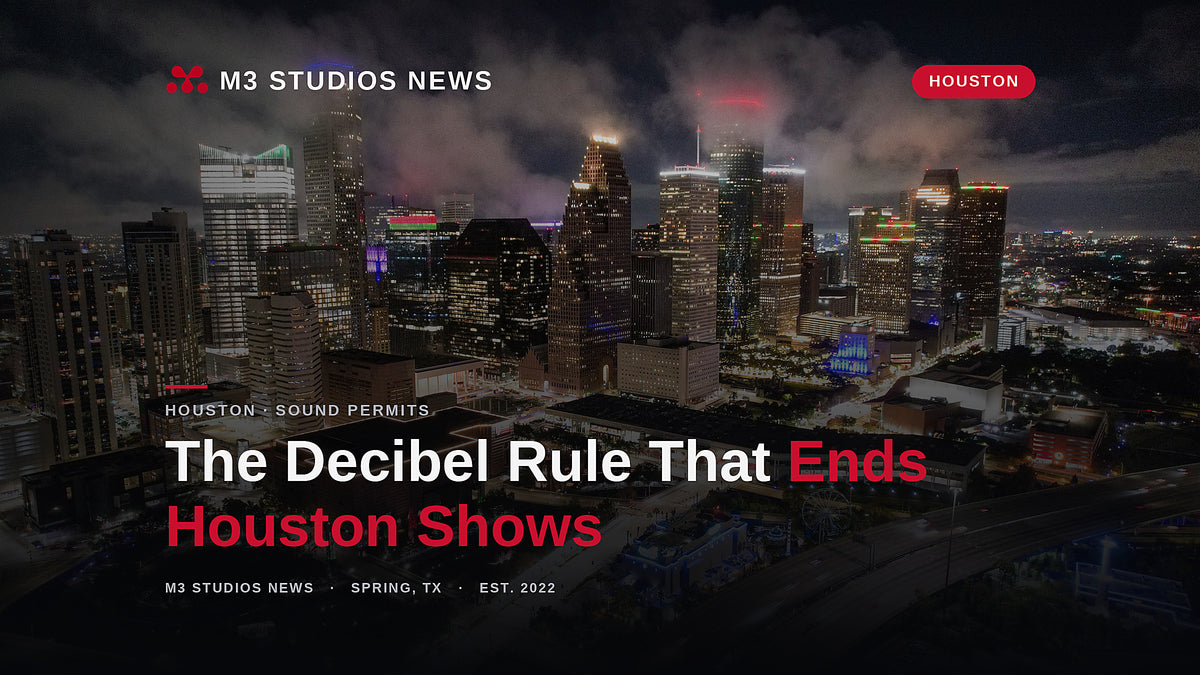 Downtown Houston, Texas skyline at night, illustrating the City of Houston amplified sound permit and Chapter 30 decibel limits for live music venues and shows.