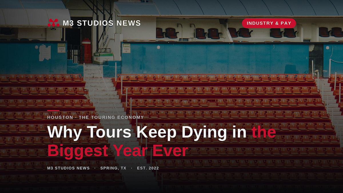 Rows of empty red stadium seats with no crowd, illustrating the unsold seat maps behind the 2026 tour cancellations arriving in the middle of live music's biggest revenue year.