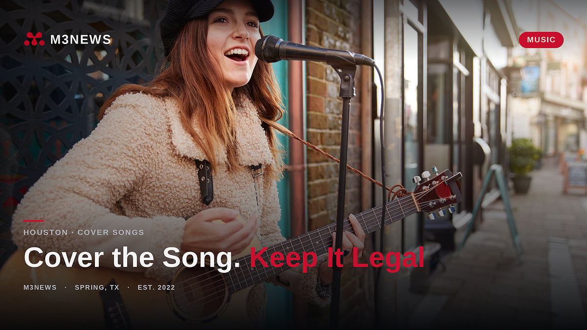 Street musician singing into a microphone with an acoustic guitar, how to release a cover song legally in 2026