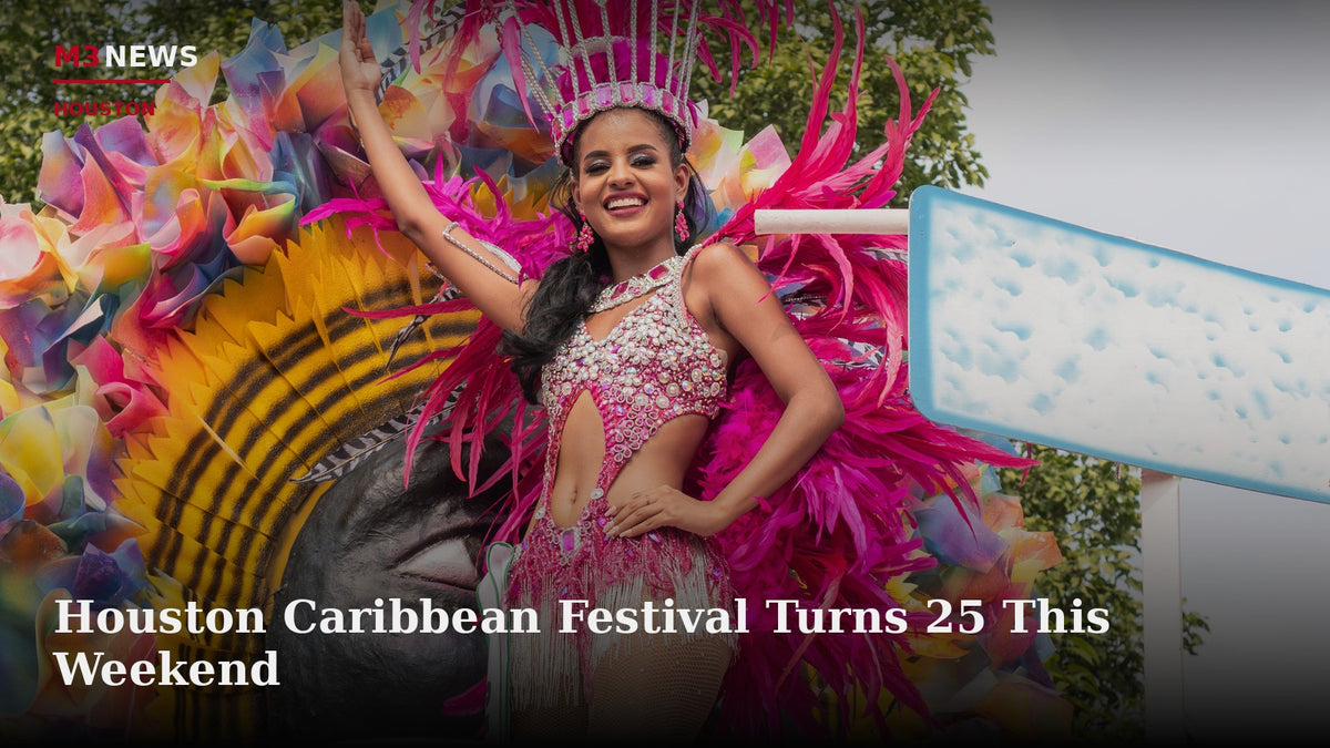 Woman in a pink feathered and sequined Caribbean carnival costume on a decorated parade float in Houston