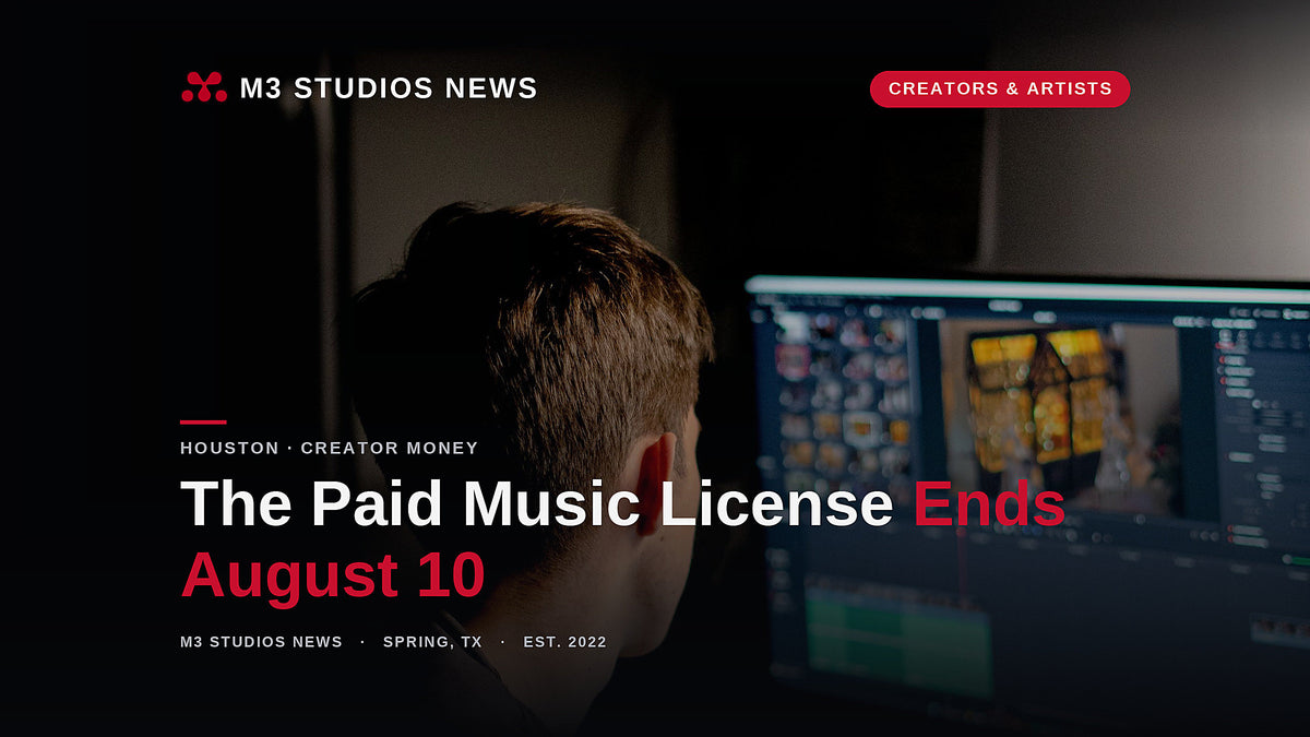 Video editor working at a monitor in a dark edit suite, illustrating the YouTube Creator Music shift from paid licenses to revenue sharing for Houston creators.