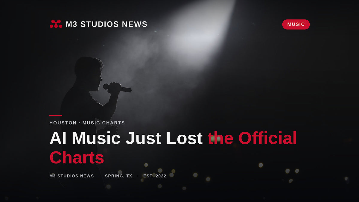 A singer silhouetted in a single spotlight over a dark crowd, the substantially human-made performance the new AI chart eligibility rules protect, from M3 Studios News in Spring, TX.