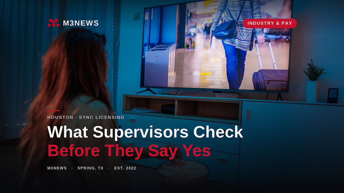 Viewer watching a film at home on a TV screen, how to submit music for sync licensing in 2026, Houston artist guide