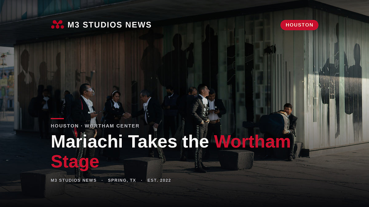Mariachi musicians in traditional charro suits gather outside a concert venue, illustrating the Houston Mariachi Festival running August 28 to 30, 2026 at Wortham Center, reported by M3 Studios News in Spring, TX.