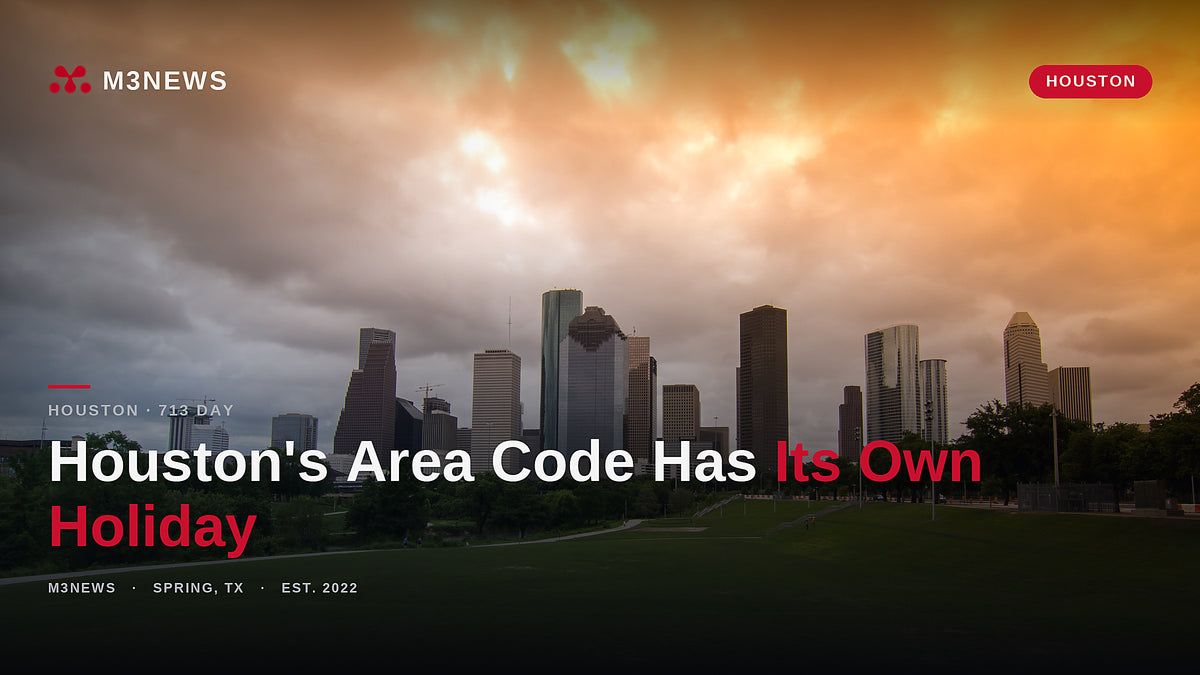 Downtown Houston skyline over a green park under a dramatic sky, 713 Day 2026, Houston's area code holiday