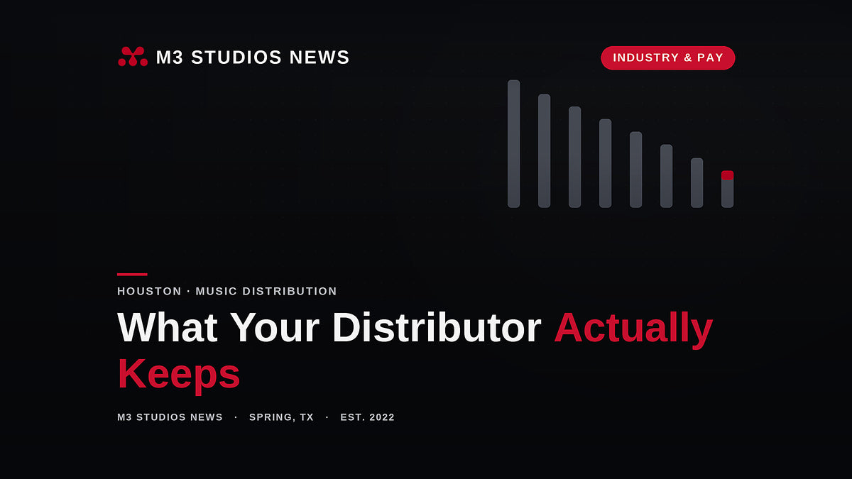 M3 Studios News cover graphic in black and red, shrinking bars, for a 2026 guide to music distributor fees, payout thresholds, and what independent Houston artists keep from their streaming royalties.