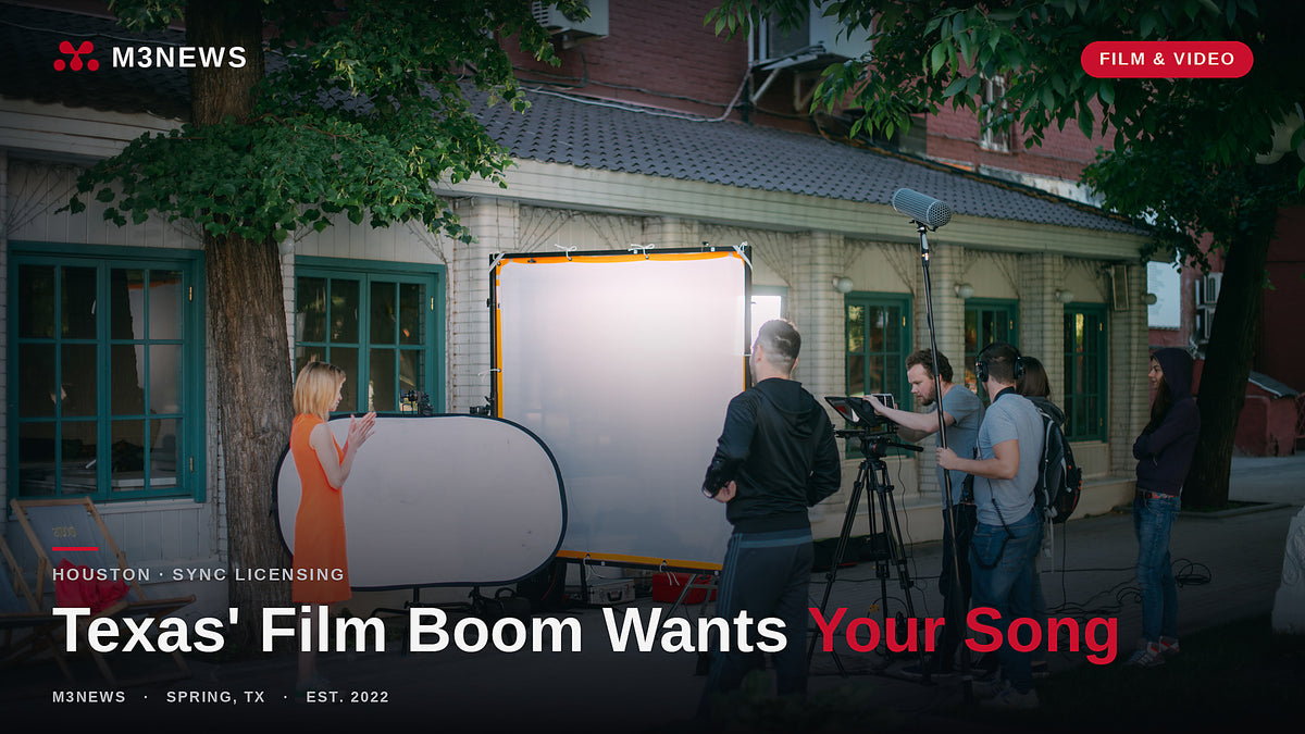 M3News cover, M3 Studios logo, film crew shooting on location. Sync licensing and the Texas film boom for Houston musicians