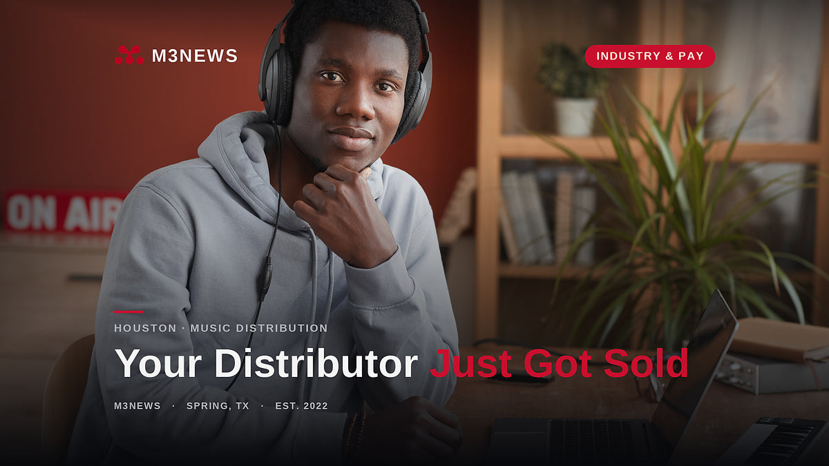 Independent musician in headphones at a home desk with a laptop, M3News cover for the DistroKid sale to CVC Capital Partners