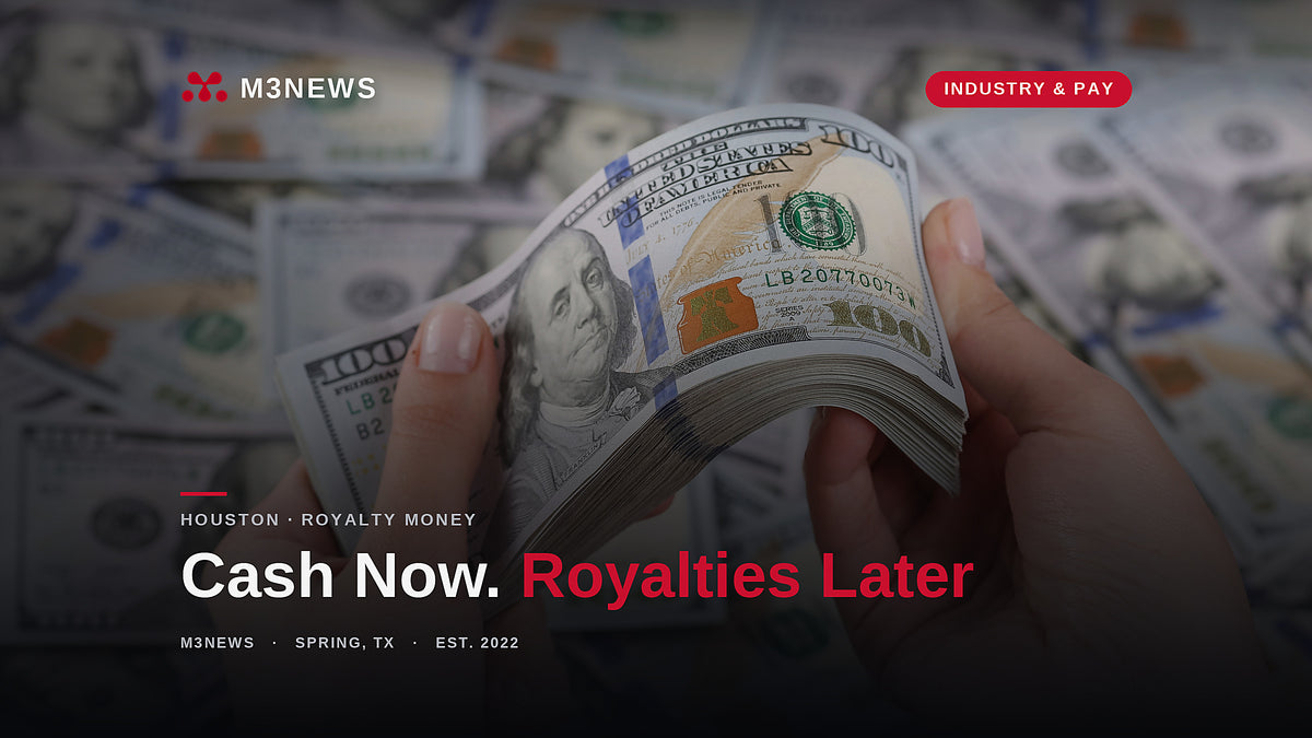 Hands counting hundred dollar bills, royalty advances for artists, M3News