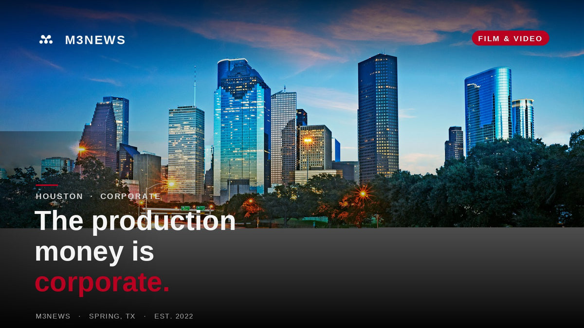 Downtown Houston skyline at dusk, the corporate production market behind an M3 Studios Film and Video feature.