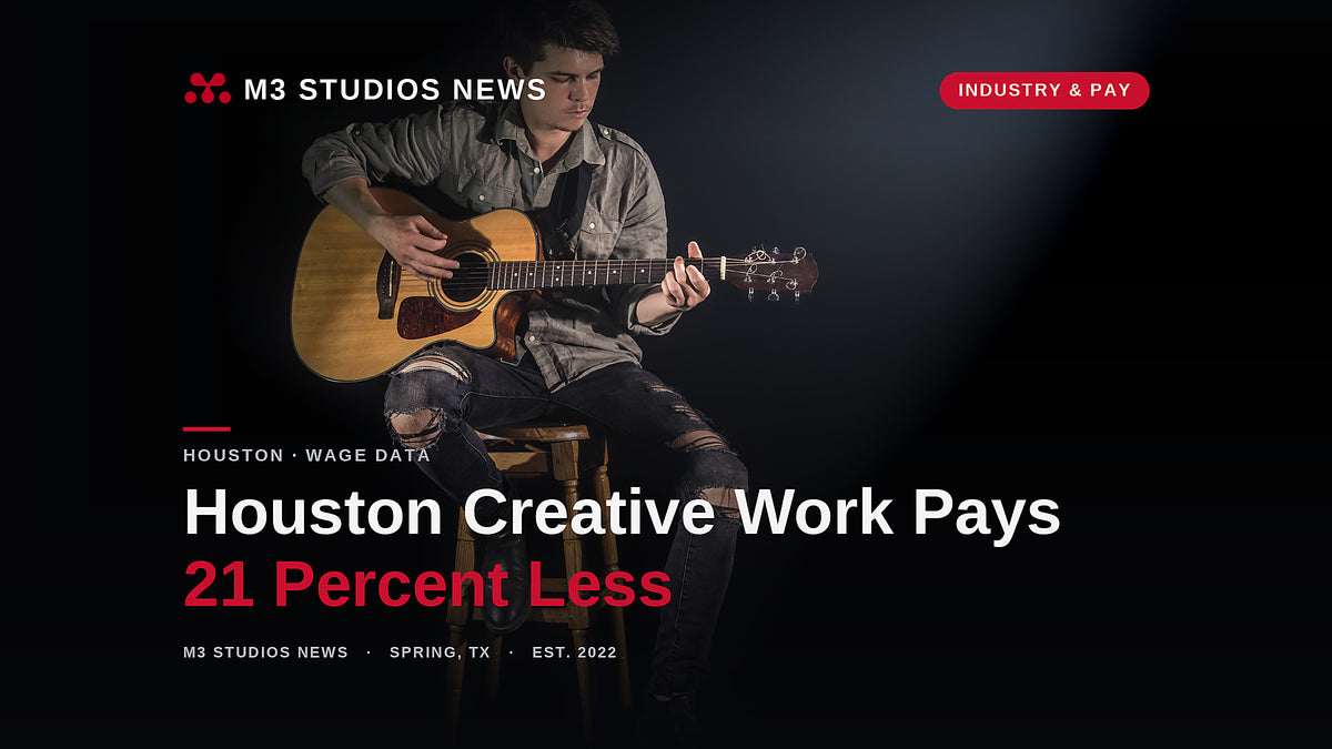Musician playing an acoustic guitar under soft light on a dark background, illustrating federal wage data on musician pay and creative job earnings in Houston, Texas.