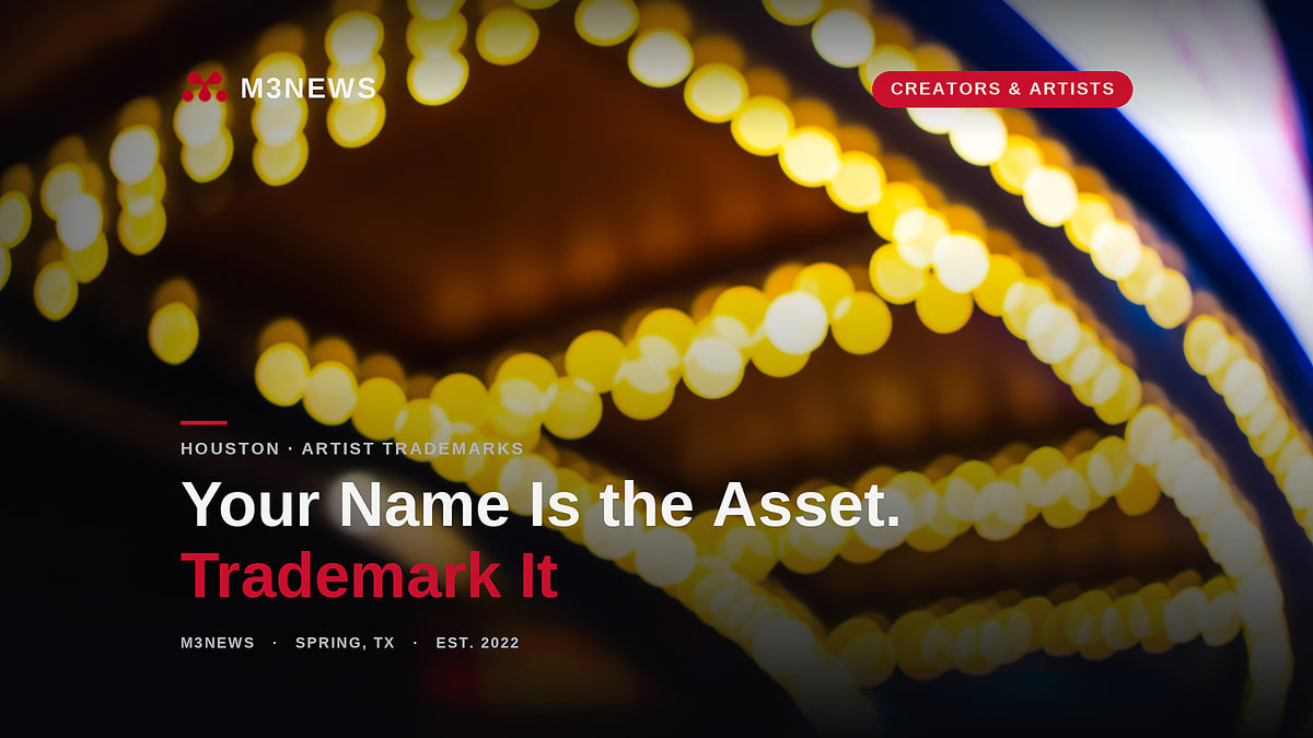 Theater marquee lights glowing at night, an artist's name in lights, for how to trademark your artist name in 2026