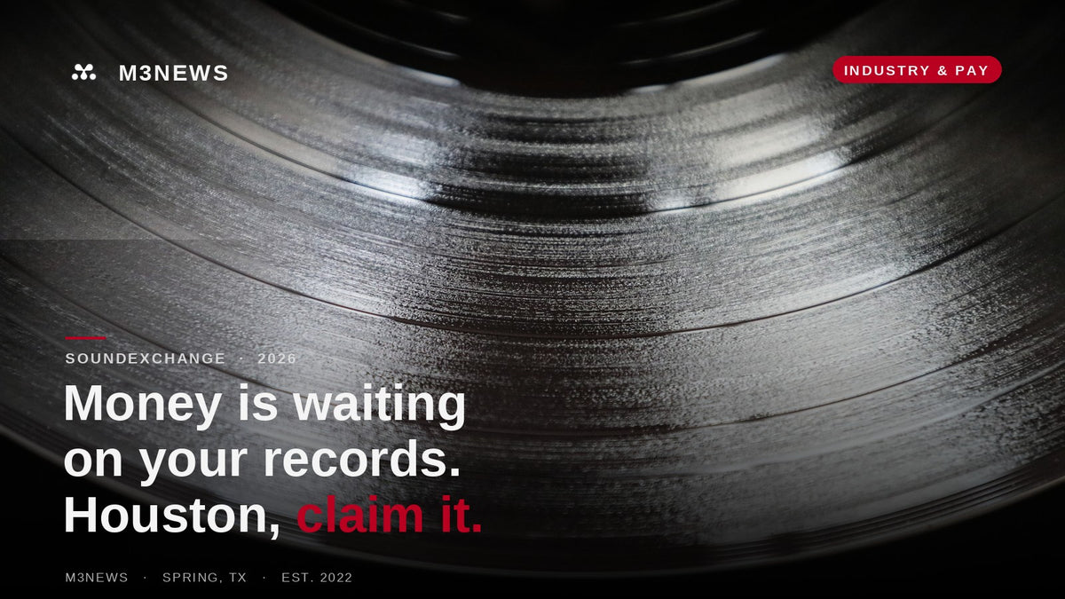 A close-up of a vinyl record's grooves, for an M3 Studios Houston feature on SoundExchange digital performance royalties sitting unclaimed against artists' recordings.