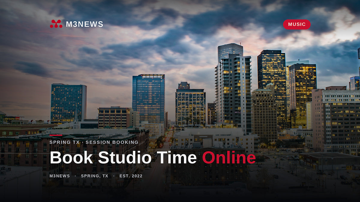 Downtown Houston skyline at dusk, booking a recording session online in Spring TX, M3News