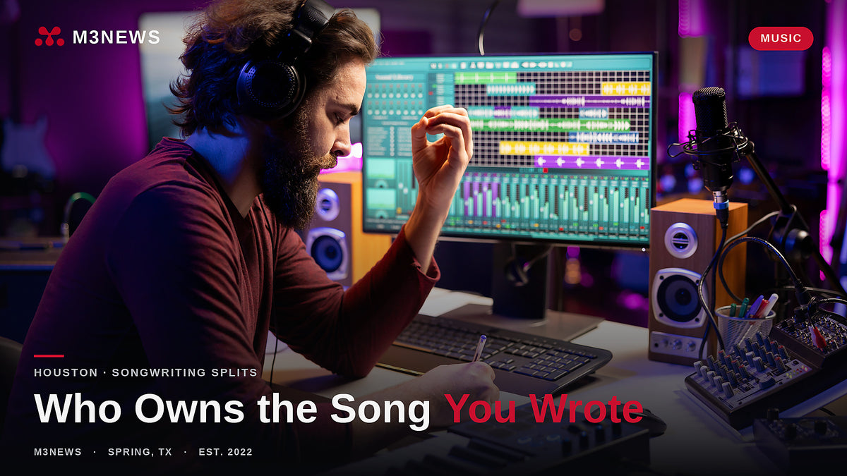 Houston songwriter writing lyrics and notes in a home studio, settling songwriting splits