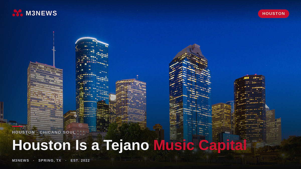 Downtown Houston skyline at night, illustrating the city's documented Chicano and Tejano music scene and its 2026 music economy.